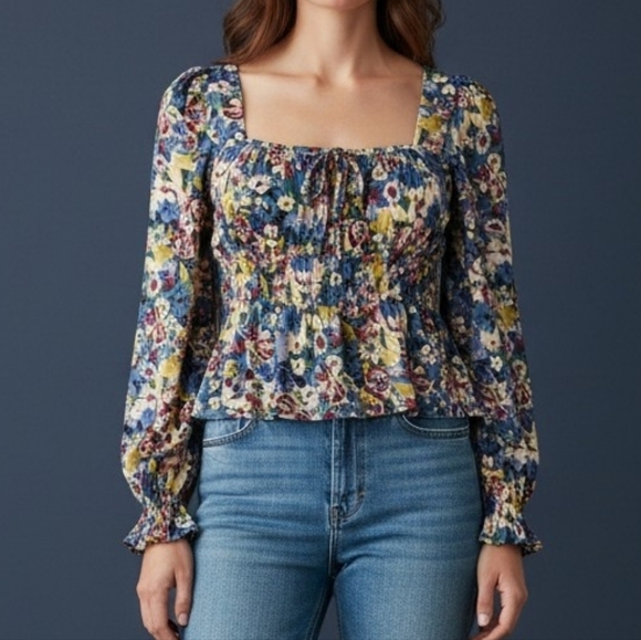 SO Tops - SO Floral Print Square Neck Corset Style Long Sleeve Peasant Top
